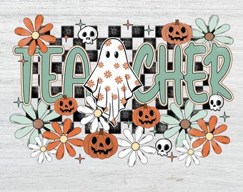 Profesor espeluznante con flores PNG, Halloween PNG, Fantasma lindo PNG, Vibraciones espeluznantes PNG, Halloween retro PNG, Otoño PNG, Diseños de camisetas de Halloween
