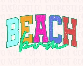 Beach Bum Summer Distressed Varsity Png, Letnia koszula Png Trendy Summer Png neon pink Png green Png Aesthetic Png Summertime Distressed