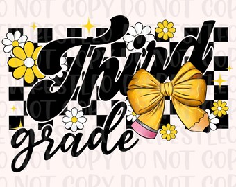 Third grade Back to School Checkered Coquette Bow Png, Teacher Floral png, Third grade png, Teacher groovy, floral Teacher png, Pencil Bow