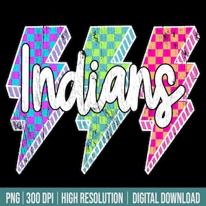 Indians Mascot Png Lightning Bolt Checkered Png Retro Indians Sublimation, Game Day Png Neon Lightning Indians Mascot PNG Bright Indians Png