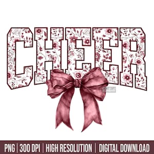 May include: A maroon graphic with the word "CHEER" in a collegiate font, filled with floral patterns. A large maroon bow is centered below the text. The image is a digital design, suitable for various applications.
