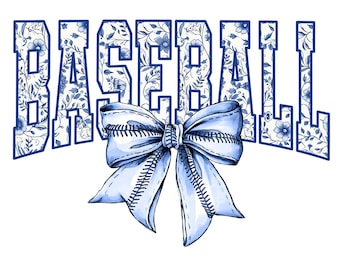 Baseball Floral Toile Blue Water Color Coquette Bow Clip Art Printable, Coquette Bow Baseball Png, Varsity Baseball Mom, Baseball Mama PNG