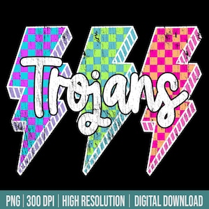 Trojans Mascot Png Lightning Bolt Checkered Png Retro Trojans Sublimation, Game Day Png Neon Lightning Trojans Mascot PNG Bright Trojans Png
