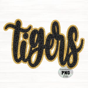 Tigrar PNG, Leopardmönstrade tigrar, Guldglittermanusmaskot, Skolanda PNG, Sublimering av cheerleader-tröja, Matchdagsdesign