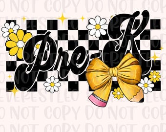 Pre-K Back to School Checkered Pencil Coquette Bow Png, Teacher Floral png, Pre-K png, Teacher groovy, floral Teacher png, Pencil Bow