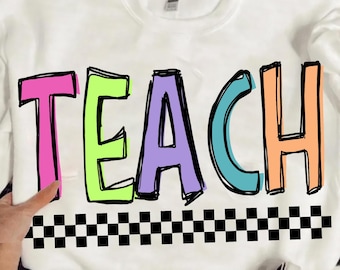 Teach Png, Colorful Teacher Checkered Design, Teacher groovy png, Teacher groovy, Teacher graphic, Teach Distressed Checker Printable