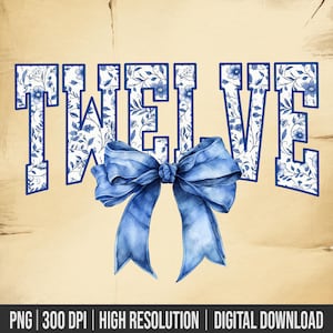 Digitaal png-bestand TWAALF bloemen toile blauw water kleur coquette Bow illustraties afdrukbare glijbaan DTF DTG sublimatie ontwerp