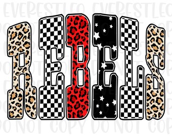 Rebels PNG, Rebels Mascot Varsity Letters Sublimation, Leopard Star Checkered Black and White Spirit Shirt Design, Digital Download