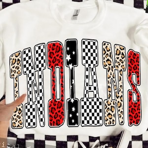 Indians PNG, Indians Mascot Varsity Letters Sublimation, Leopard Star Checkered Black and White Spirit Shirt Design, Digital Download