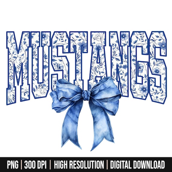 Digital Png File Mustangs Mascot Floral Toile Blue Water Color Coquette Bow, Team PNG | School, Mascot Team name, Fall, Sport, Spirit