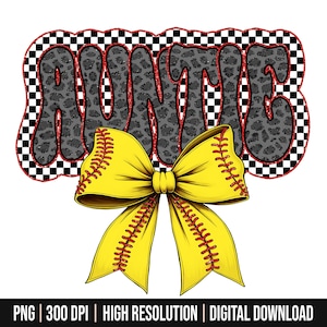 Retro Softball Auntie PNG, Softball Mama Png, Softball Coquette Png, Leopard Game Day Softball Bow Png, Checker Softball Png