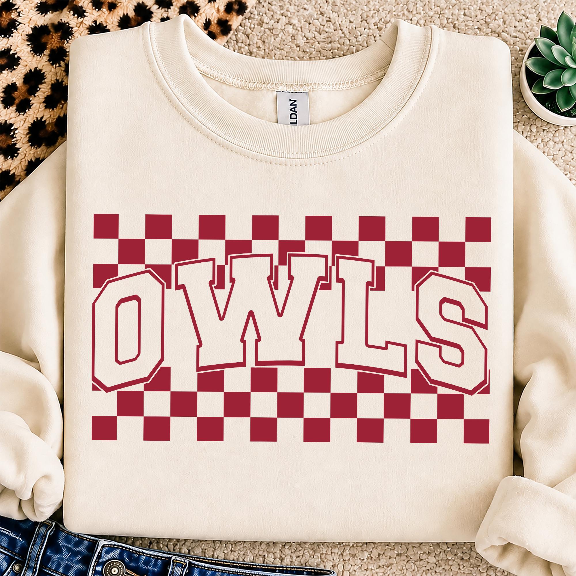 Owls PNG, Checkered Owls Mascot PNG, Varsity School Spirit Game Day Shirt Design, Team Spirit Sublim