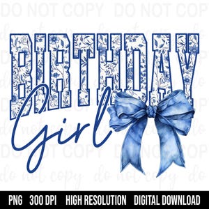 Digitaal png-bestand verjaardag meisje bloemen toile blauw water kleur coquette boog illustraties afdrukbare glijbaan dtf dtg sublimatie ontwerp