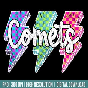 Comets Mascot Png Lightning Bolt Checkered Png Retro Comets Sublimation, Game Day Png Neon Lightning Comets Mascot PNG Bright Comets Shirt
