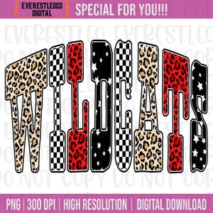 Wildcats PNG, Wildcats Mascot Varsity Letters Sublimation, Leopard Star Checkered Black and White Spirit Shirt Design, Digital Download