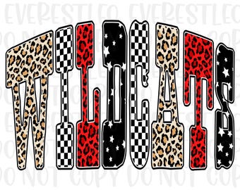 Wildcats PNG, letras do mascote Wildcats para sublimação, design de camisa xadrez preta e branca com estampa de leopardo, download digital