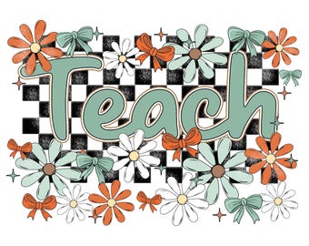 Retro Teach png, groovy bloemenshirtontwerp voor leraar, geruite leraar, leraar appreciatie, leraar wilde bloemen png