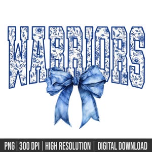 Digital Png File WARRIORS Floral Toile Blue Water Color Coquette Bow Clip Art Printable Dtf Dtg Sublimation Design INSTANT DOWNLOAD