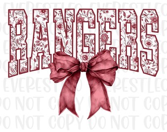 RANGERS Png, Rangers Mascot Floral Toile Maroon Water Color Coquette Bow, Team PNG, School, Mascot Team name, Fall, Sport, School Spirit Png