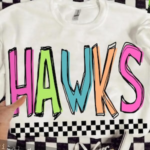 HAWKS Png, Colorful Hawks Mascot Checkered, Retro Hawks Sublimation, Game Day Png, Hawks Shirt, Hawks Mascot Png, Neon Hawks Png, DTF, DTG
