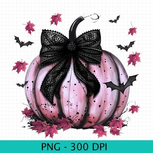 May include: An illustration of a pink pumpkin adorned with a black lace bow, black bats, and pink leaves. The pumpkin features a black stem and black paint splatters. The image is labelled "PNG - 300 DPI".