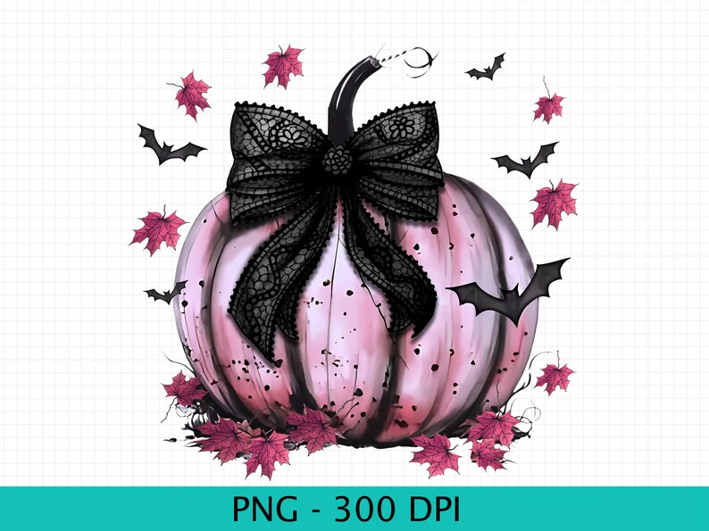 May include: An illustration of a pink pumpkin adorned with a black lace bow, black bats, and pink leaves. The pumpkin features a black stem and black paint splatters. The image is labelled "PNG - 300 DPI".