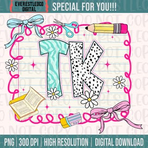 May include: A digital design featuring the letters "TK" with a zebra print and dalmatian pattern. The design includes daisies, bows, a pencil, scissors, and an eraser, all framed by a pink border. Text reads "SPECIAL FOR YOU!!!".