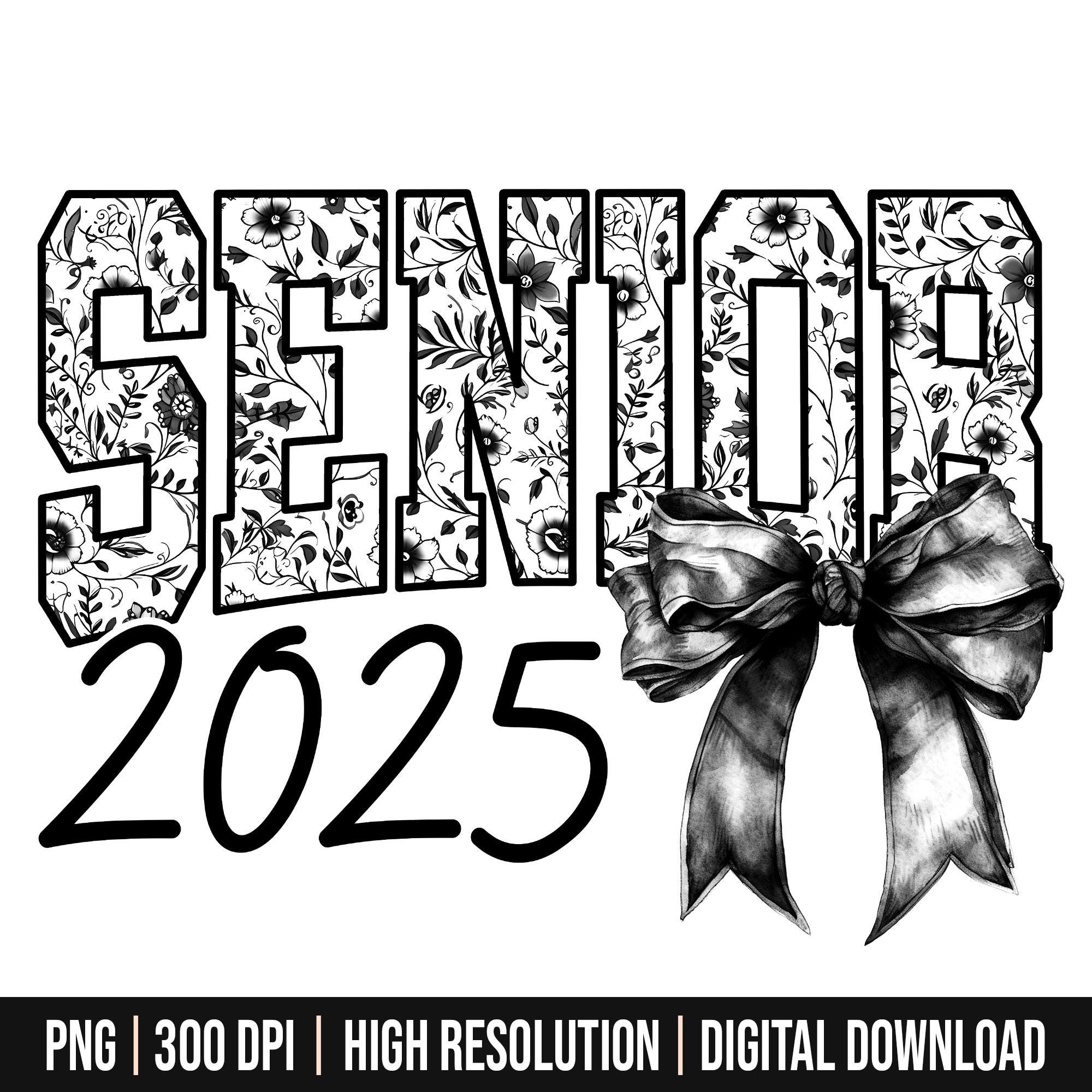 Senior 2025 Floral Toile Schwarz Aquarell Kokette Bogen Clip Art Printable, Kokette Bogen Senior 2025 Png, graduierte 2025 Png