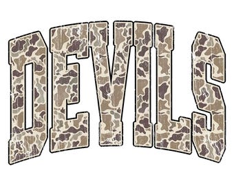 Devils Retro Camo Mascot PNG, Distressed Vintage Spirit Wear Design, Game Day Team Shirt Sublimation, School Sports Mascot Printable PNG