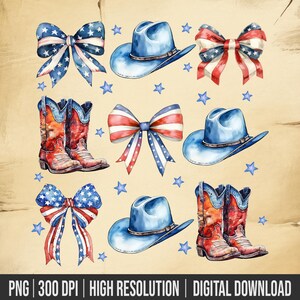 May include: A set of digital clipart featuring red, white, and blue cowboy hats, boots, and bows. The graphics are in a watercolor style and perfect for patriotic crafts and designs.