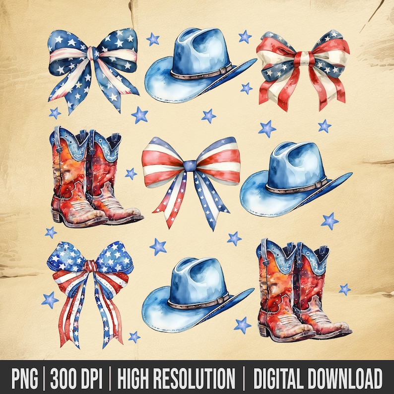 May include: A set of digital clipart featuring red, white, and blue cowboy hats, boots, and bows. The graphics are in a watercolor style and perfect for patriotic crafts and designs.