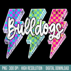 Bulldogs Mascot Png Lightning Bolt Checkered Png Retro Bulldogs Sublimation, Game Day Png Neon Lightning Bulldogs Mascot PNG Bright Bulldogs