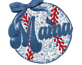 Baseball Mama Floral Toile Blue Water Color Coquette Bow Clip Art Printable, Coquette Bow Baseball Png, Varsity Baseball Mom, Baseball PNG