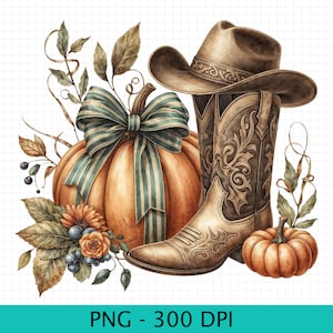 K&ouml;nnte beinhalten: Eine Aquarell-Illustration eines braunen Cowboystiefels mit einem braunen Cowboyhut, einem K&uuml;rbis mit einem gr&uuml;n-wei&szlig; gestreiften Band und Herbstlaub.