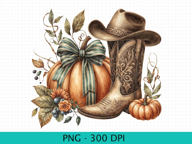 K&ouml;nnte beinhalten: Eine Aquarell-Illustration eines braunen Cowboystiefels mit einem braunen Cowboyhut, einem K&uuml;rbis mit einem gr&uuml;n-wei&szlig; gestreiften Band und Herbstlaub.