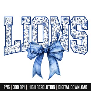 以下が含まれることがあります： 青と白のフローラルパターンで「LIONS」という単語が書かれており、中央に青いサテンのリボンが結ばれています。