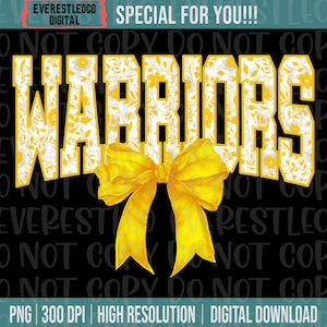 Warriors Mascot Floral Toile Gold Water Color Coquette Bow Png, Warriors Sublimation, Game Day Png, Warriors Mascot Shirt Png, DTF DTG