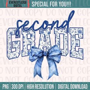 Second Grade 2nd grade Floral Toile blue Water Color Coquette Bow Clip Art Printable Waterslide Dtf Dtg Sublimation Design INSTANT DOWNLOAD
