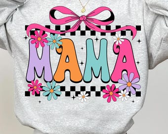 Retro floral Mama Checkered Coquette Bow png, mama flower png, mama Coquette Bow png, mama floral, mama groovy png, floral mama png