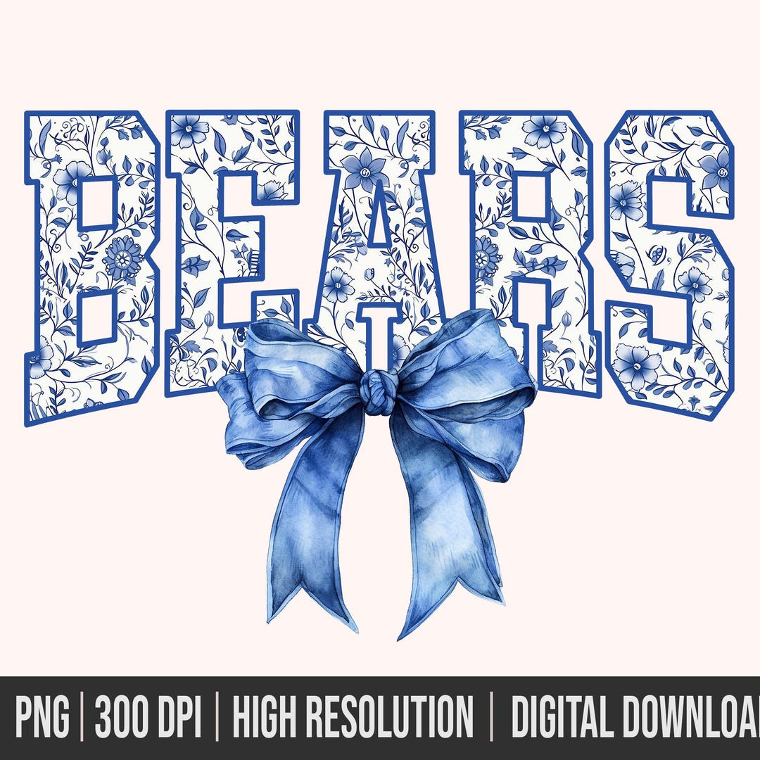 Bears Mascot Floral Toile Blue Water Color Coquette Bow Png, Bears ...