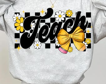 Teach Checkered Coquette Bow Design, Lehrer Floral png, Lehrer groovy png, Lehrer groovy, Lehrer Grafik, Floral Lehrer png