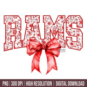 Könnte beinhalten: Das Wort "RAMS" in roten, umrandeten Buchstaben, gefüllt mit einem floralen Muster aus roten Blumen und Blättern. Eine große rote Schleife ist unter dem Wort zentriert. Das Bild befindet sich auf weißem Hintergrund.