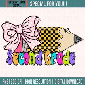 Second Grade PNG, 2nd grade Coquette Bow, Back to School, Grade, Elementary, Pencil, checkered, School, Youth, Bow, Girl | DIGITAL Download