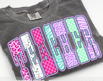 Teacher PNG, Leopard Checker Letters Sublimation, Colorful Teacher Png, Cute Retro Teacher Shirt Design