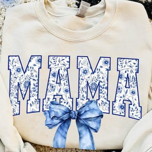 Digitaal png-bestand mama bloemen toile blauw water kleur coquette boog clip art afdrukbare glijbaan dtf dtg sublimatie ontwerp INSTANT DOWNLOAD