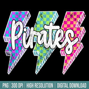 Pirates Mascot Png Lightning Bolt Checkered Png Retro Pirates Sublimation, Game Day Png Neon Lightning Pirates Mascot PNG Bright Pirates Png