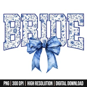 Digitaal png-bestand bruid bloemen toile blauw water kleur coquette boog clip art afdrukbare glijbaan dtf dtg sublimatie ontwerp INSTANT DOWNLOAD