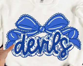 Devils Png, Devils Mascot Floral Toile Blue Water Color Coquette Bow, Team PNG, School, Mascot Team name, Fall, Sport, School Spirit Png