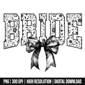 Digitaal png-bestand bruid bloemen toile zwart water kleur coquette boog illustraties afdrukbare glijbaan dtf dtg sublimatie ontwerp INSTANT DOWNLOAD