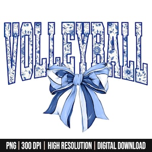 May include: Blue and white floral patterned graphic design of the word "VOLLEYBALL" with a blue and white striped bow in the center.